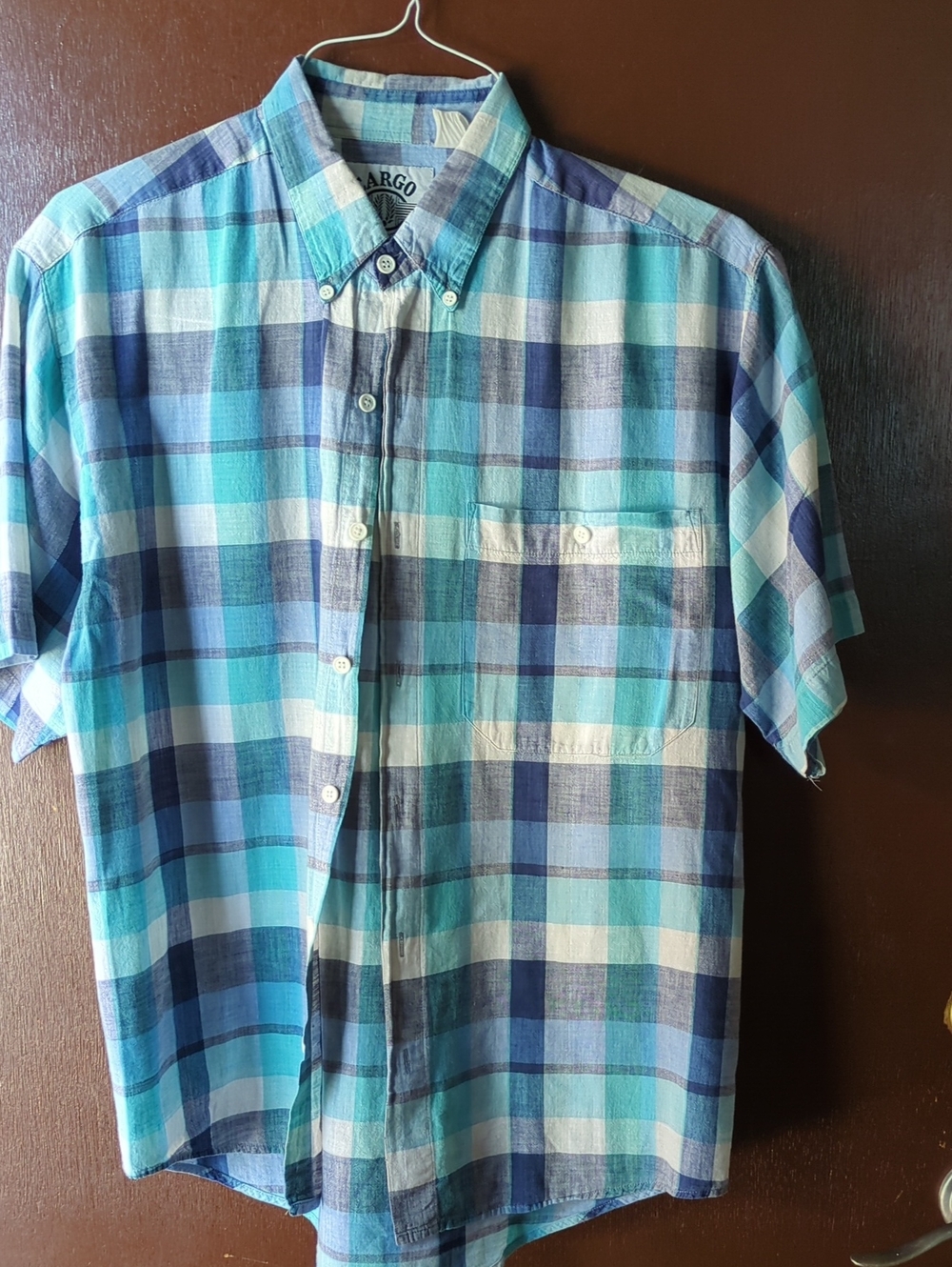 Men's Blue Plaid Short-Sleeve Button-Down Shirt Size L